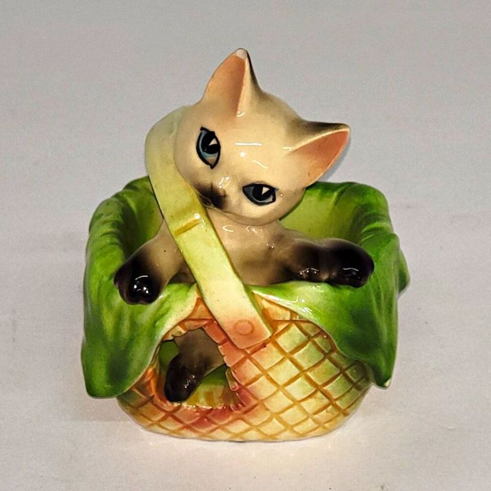 Vtg Mid Century Siamese Cat Basket Salt Pepper Shaker Set Ceramic Japan Kitsch